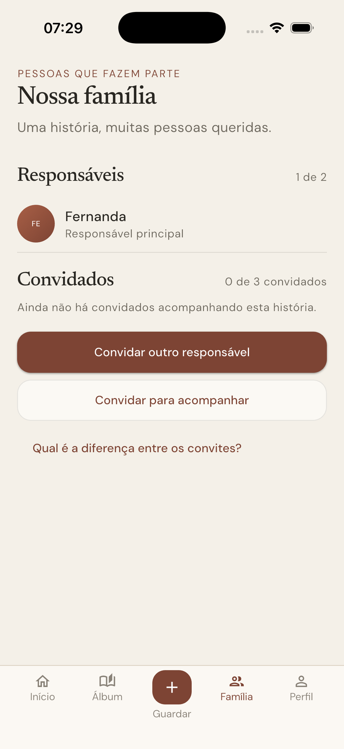 Tela para convidar membros para a família privada
