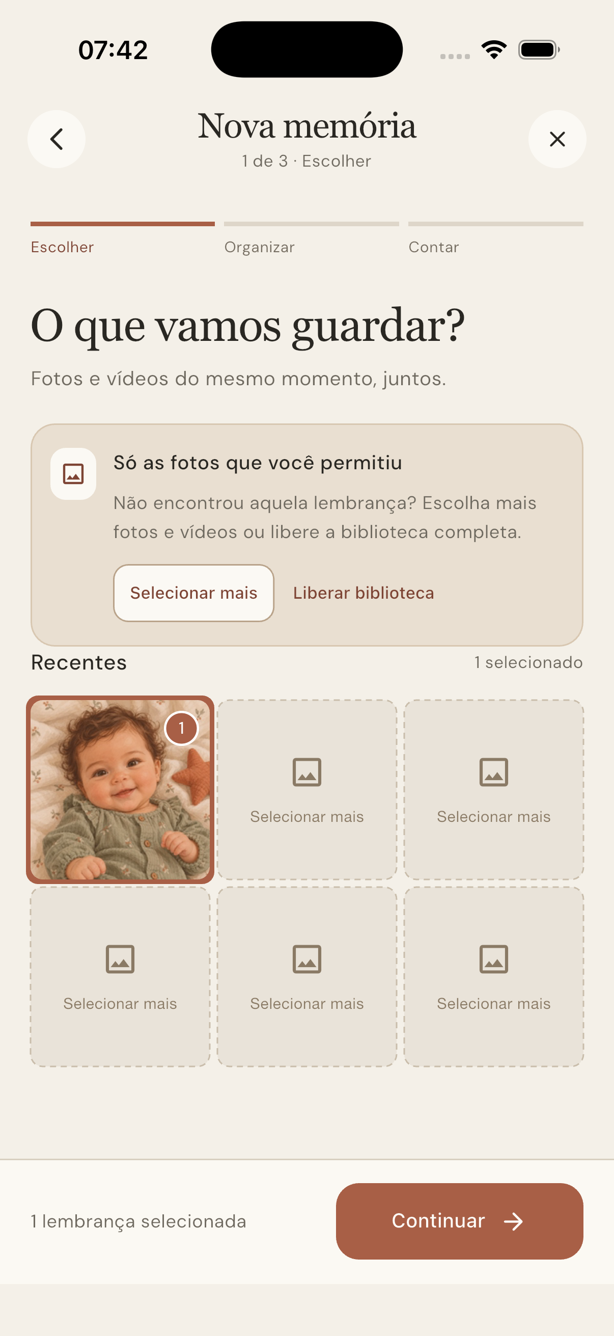 Tela para escolher fotos e vídeos